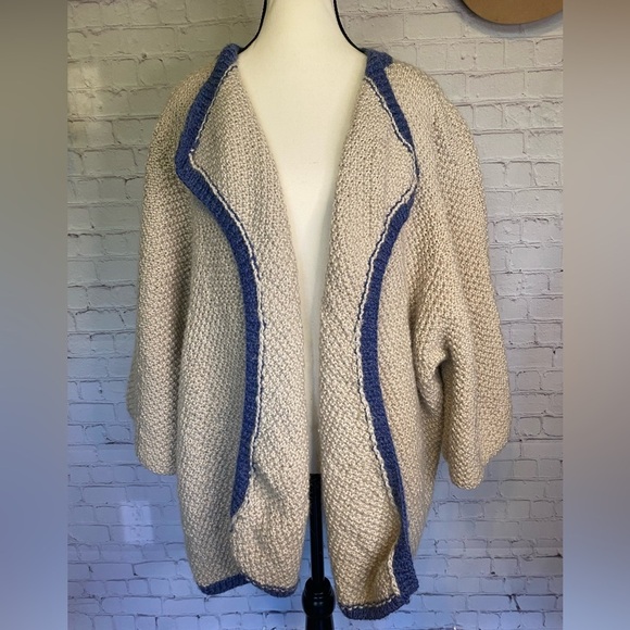 Hand Crafted Sweaters - Hand Knit Crafted Wool Open Front Oversized Beige Cardigan Sweater Shawl XL